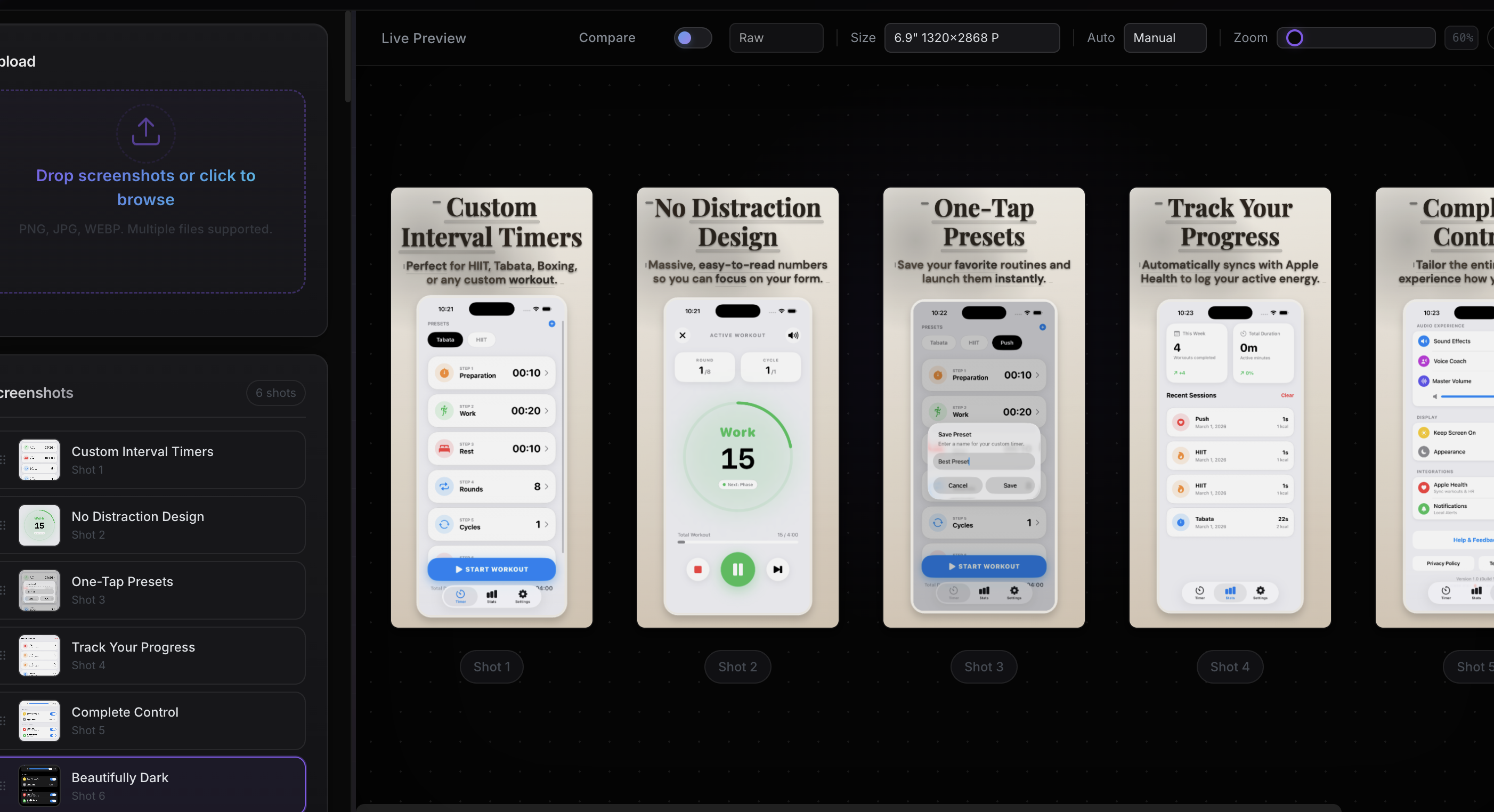 App Screenshot Maker studio interface showing a 3D iPhone device frame generator for iOS App Store optimization
